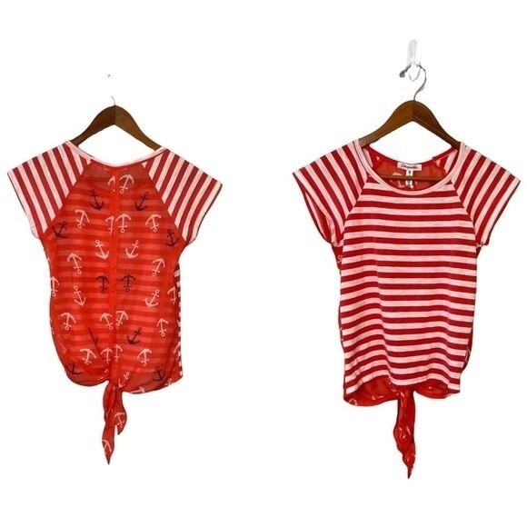 Aeropostale Nautical Stripe Sheer Tie Waist Anchor Print Top Short Sleeve Sailor - Picture 16 of 16